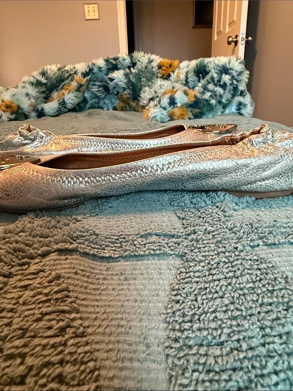 Tory Burch Metallic Silver Riva Logo Ballet Flats